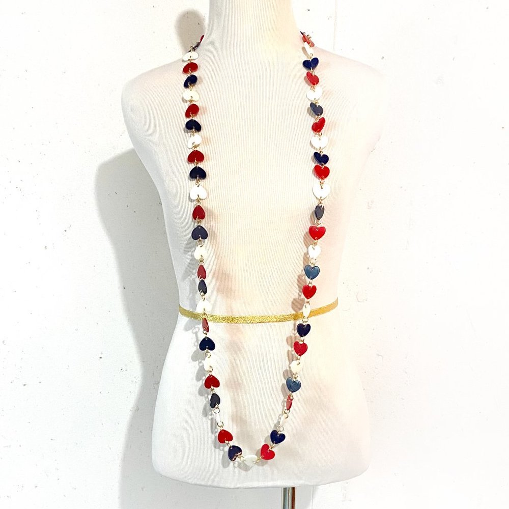 Vintage 60s, Red White and Blue, Hearts, Long, Statement Necklace